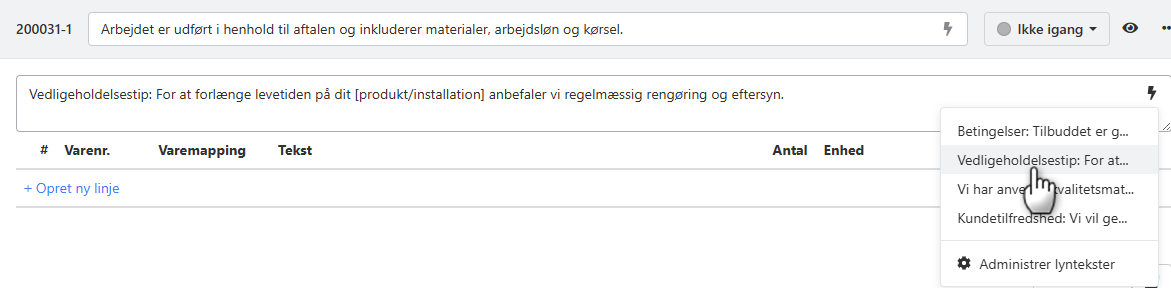 Brug af lyntekst på en opgave i Xena