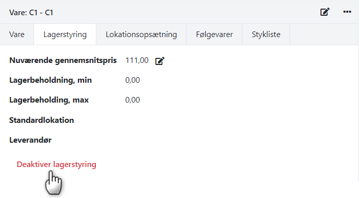 Deaktivering af lagerstyring via en vare i xena