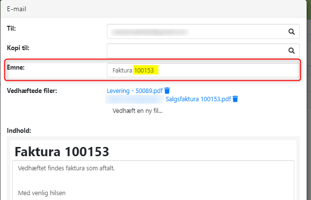 Fakturanummer skrives nu i email emnefeltet i Xena