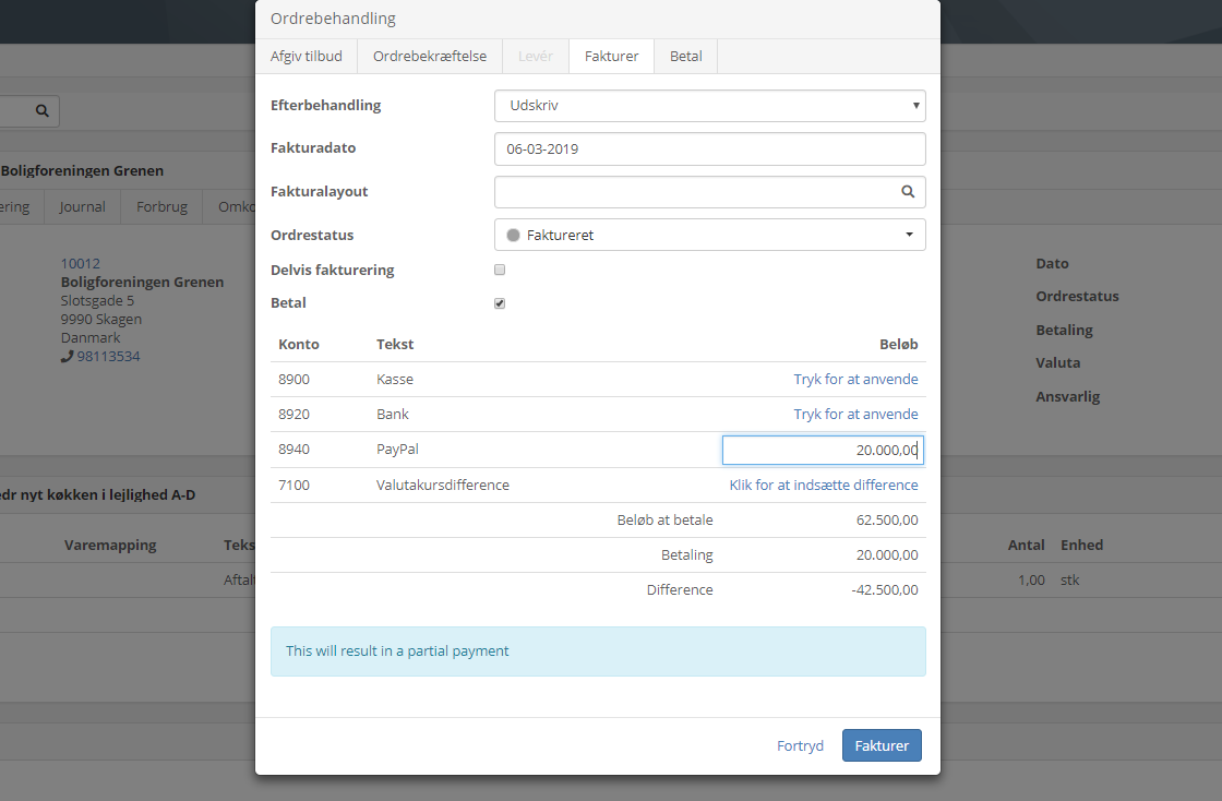 Delvis betaling af en ordre ved fakturering i Xena