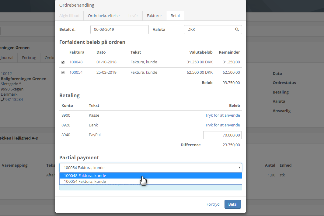 Delvis betaling af en faktura direkte via ordren i Xena