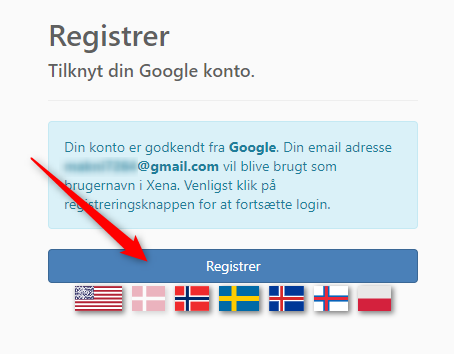 Her klikkes på Registrer, for at starte oprettelsen af dit nye Xena regnskab