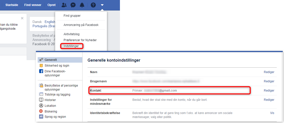 Kontroller at emailadresse er indtastet i Facebook til brug for din Xena konto