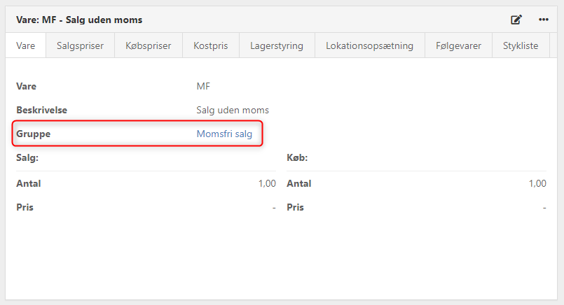 Vare tilknyttet varegruppe med momsfrit salg  Xena