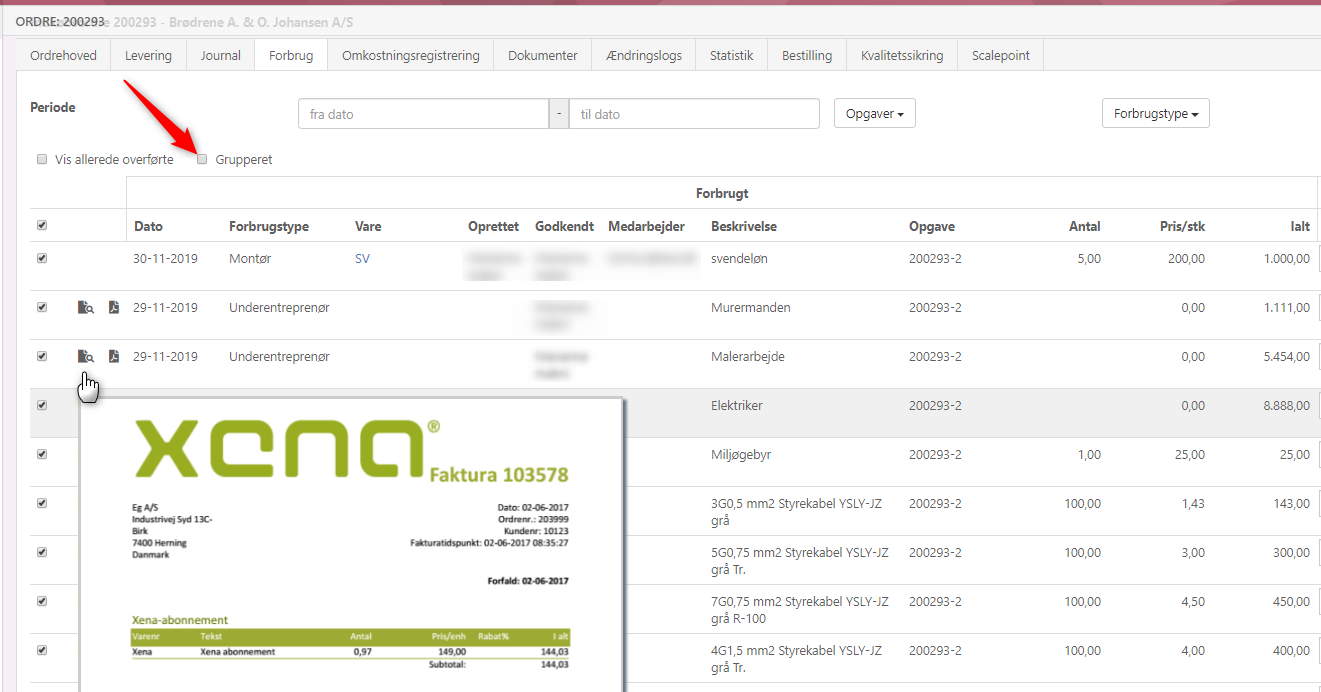 Forhåndsvisning af bilag under ordreomkostninger i Xena