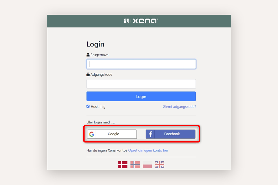 Opret bruger i Xena med din Google eller Facebook konto