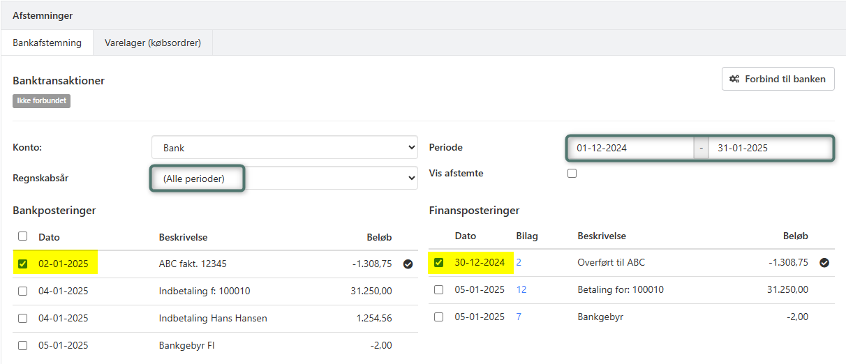 Afstem bankposteringer på tværs af regnskabsperioder i Xena