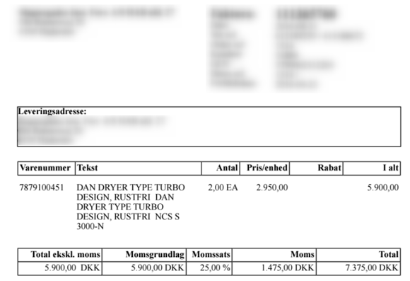 Eksempel på en indlæst elektronisk faktura. Teksten 'Dan Dryer type turbo design, rustfri' er gentaget to gange.