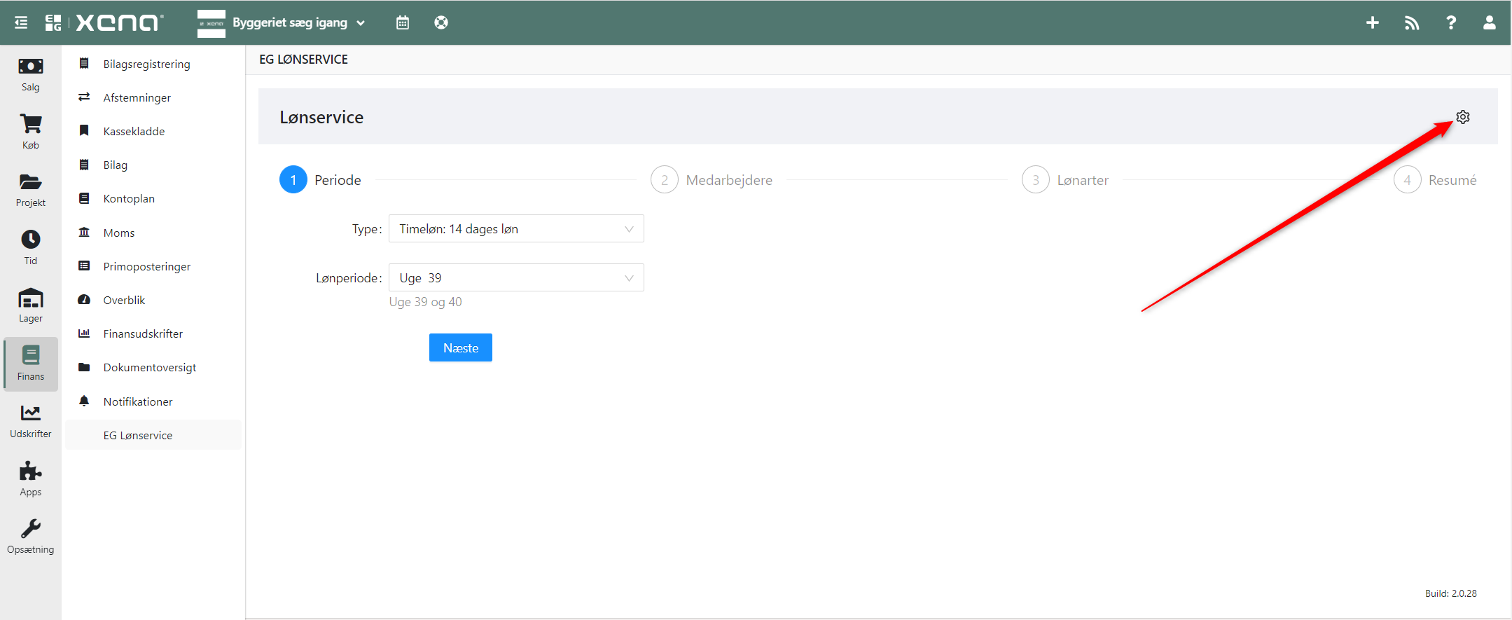 Tryk på tandhjulet for opsætning af integrationfra Xena til EG Lønservice