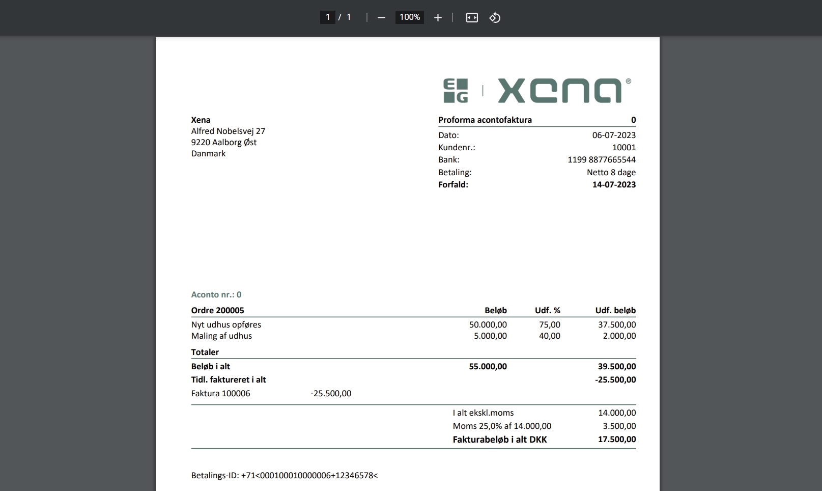 Eksempel på en aconto proforma faktura i Xena