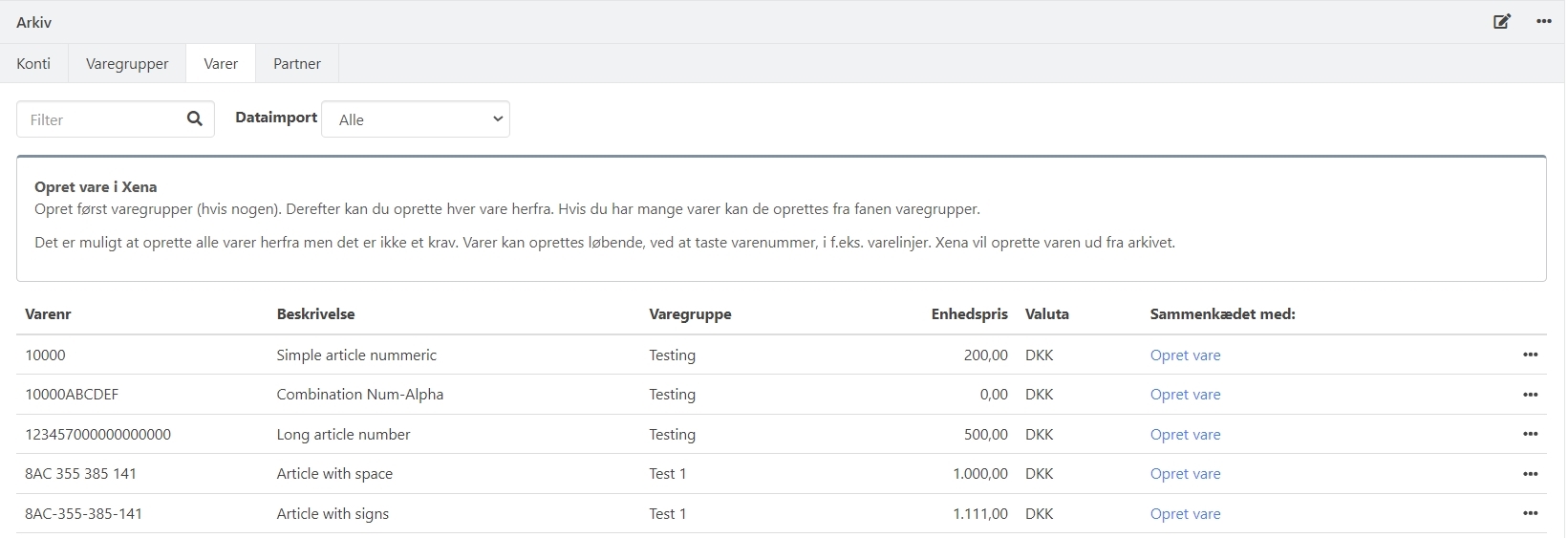 Import af varer til arkivet i Xena