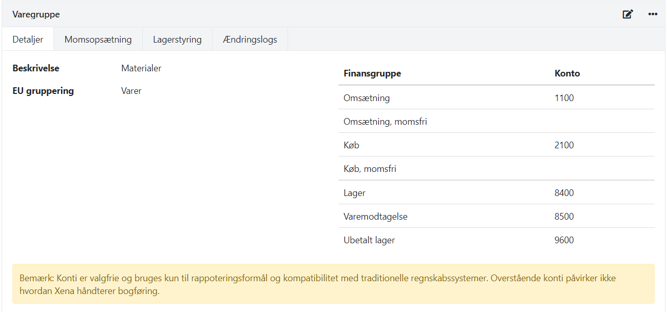 Detaljer på varegruppe oprettet i Xena