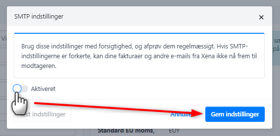 Dialoget med SMTP-indstillinger. Indstillingerne er blevet deaktiveret.