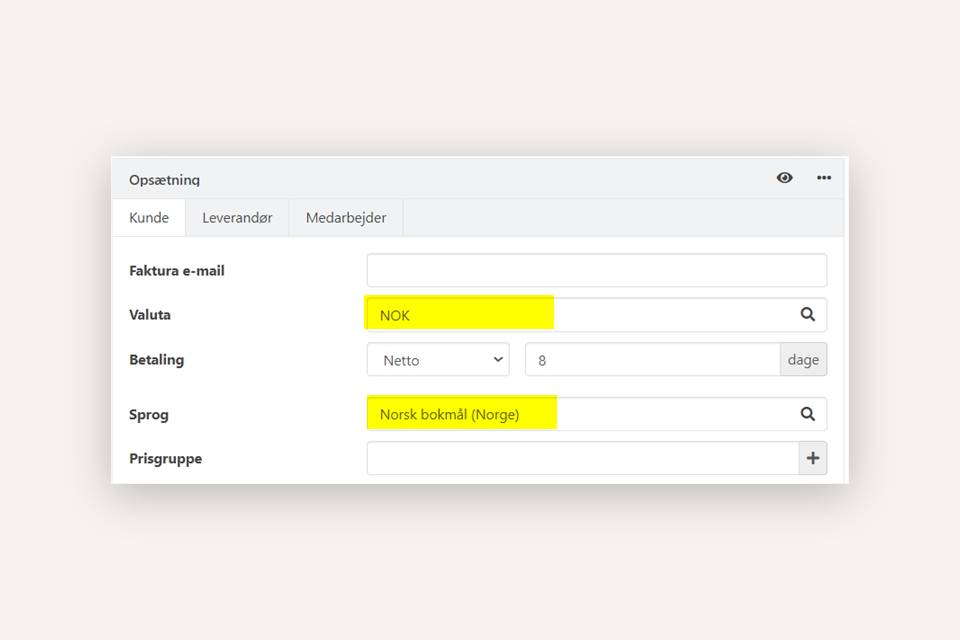 Valg af valutakode på en partner i Xena
