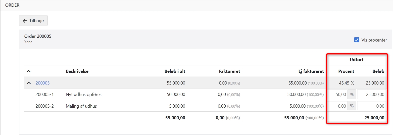 Indtast færdiggørelsesgrad på acontofaktura i Xena