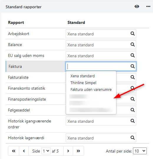 Vælg ny standardrapport i Xena