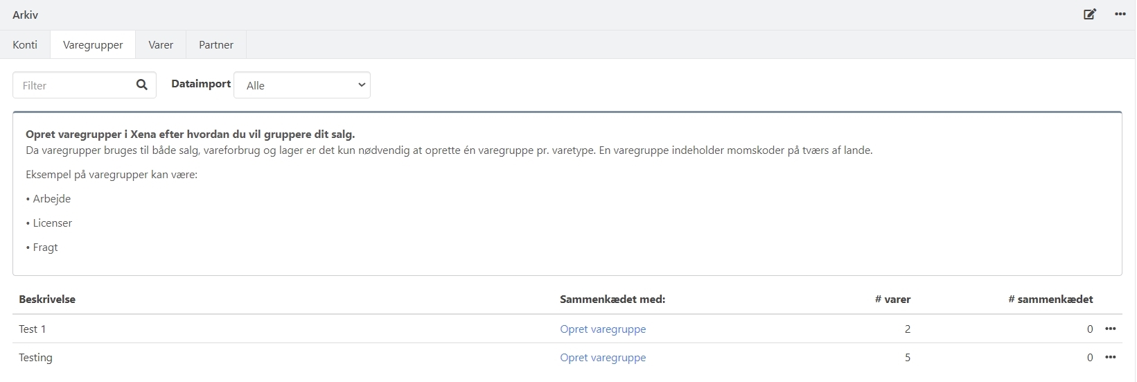 Import af varegrupper til arkivet i Xena