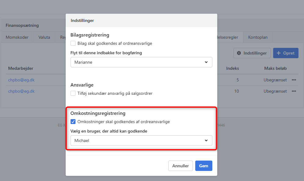Innstillinger for godkjenning av kostnadsregistrering i Xena