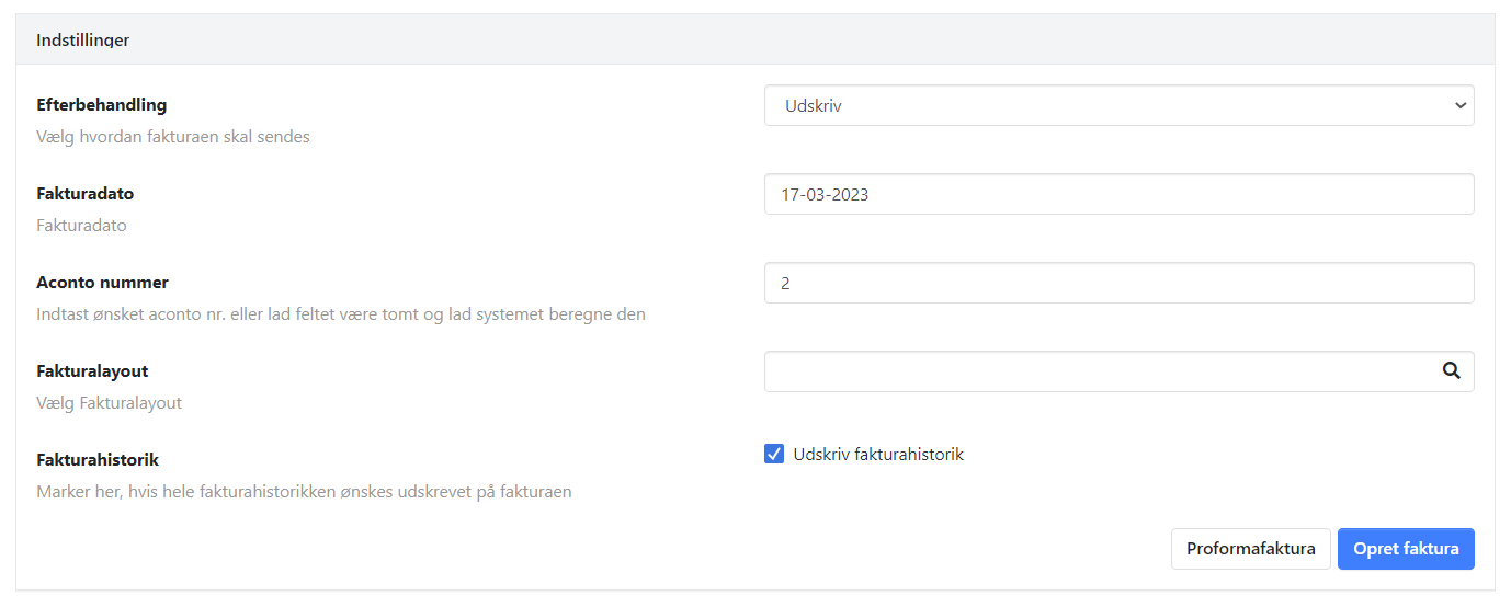 Øvrige indstillinger for projekt acontofakturering i Xena