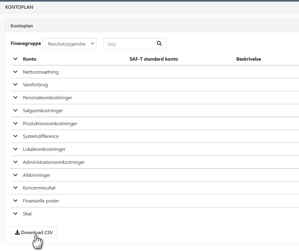 Download kontoplan til CSV fil i Xena