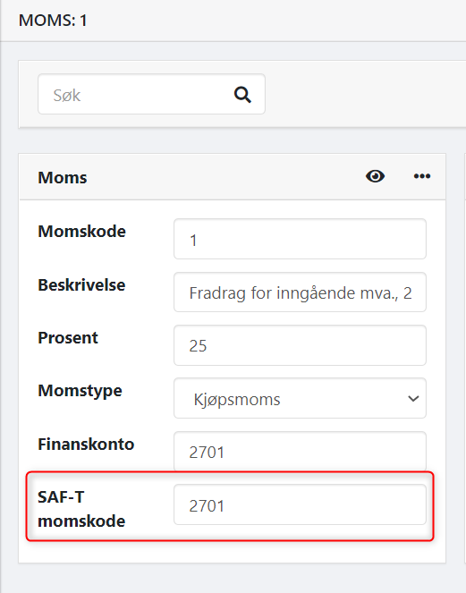 SAF-T momskode på momskonti i Xena