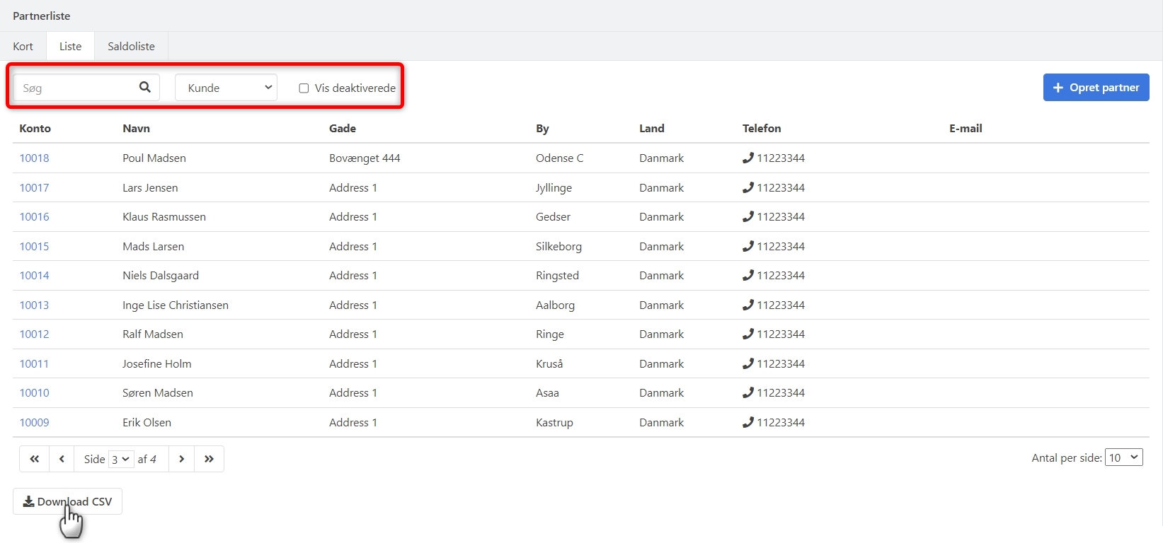 Via partneroversigten kan listen downloades til CSV fil fra Xena