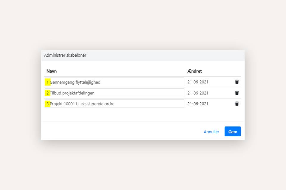 Eksempel på sortering af ordreskabeloner i Xena