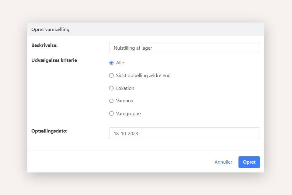Dialog to create a stock counting draft in Xena