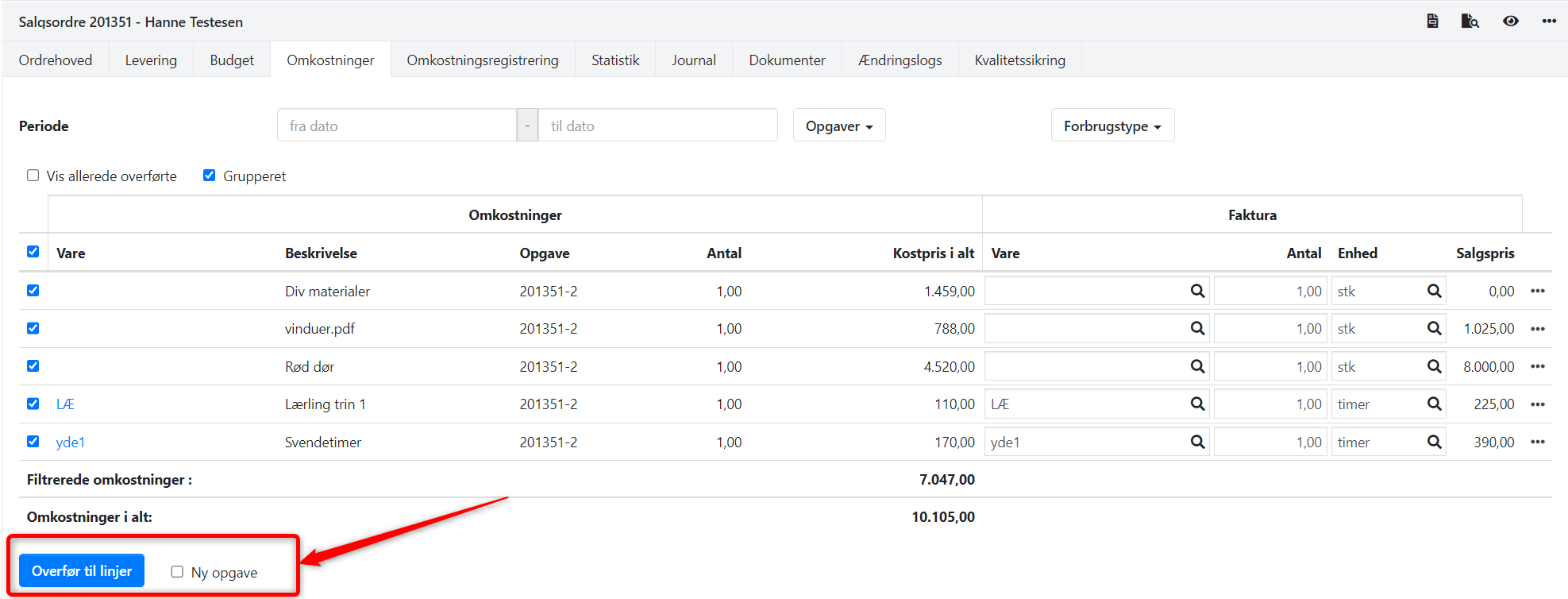 Overfør omkostninger til fakturering i Xena