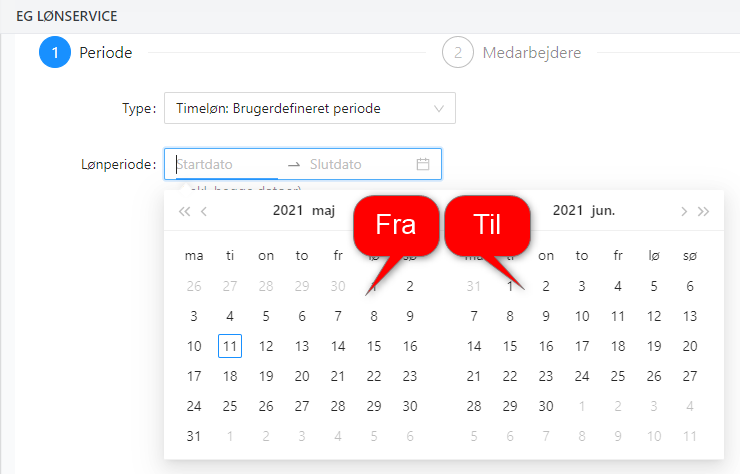 Vælg periode for overførsel fra Xena til EG Lønservice