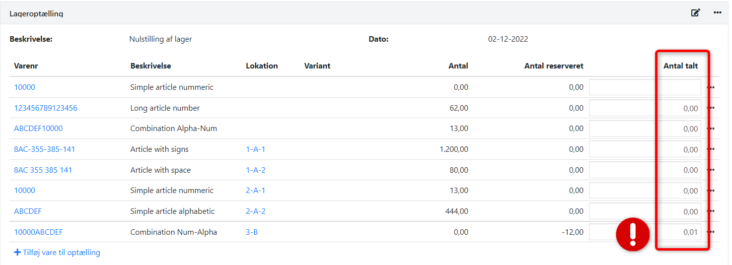 Indtast optælling af lager så alle varer har beholdning på nul i Xena