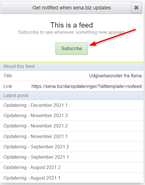 Eksempel på popup fra Feeder. Knappen Subscribe er fremhævet.