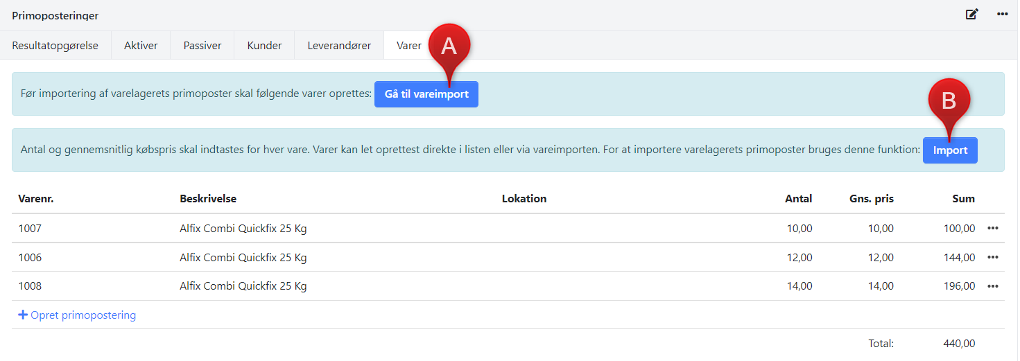 Indtast eller importer primoposter på varer i Xena
