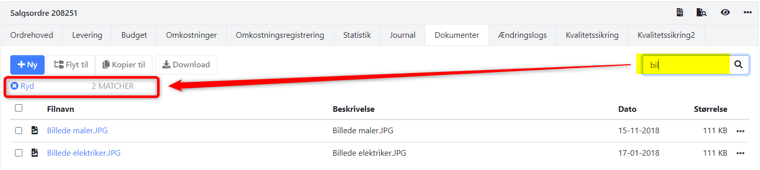 Søgning i dokumenter tilknyttet en ordre i Xena