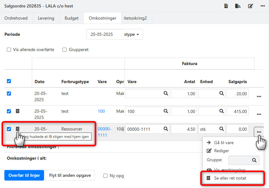 Se og rediger notat på ordreomkostninger i Xena