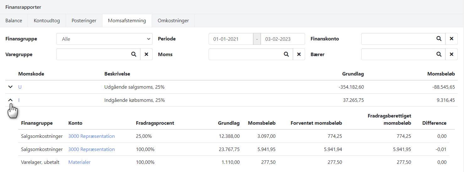 Eksempel på rapporten Momsafstemning i Xena