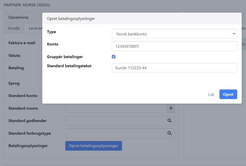 Opsætning af bankkonto på norsk leverandør i Xena