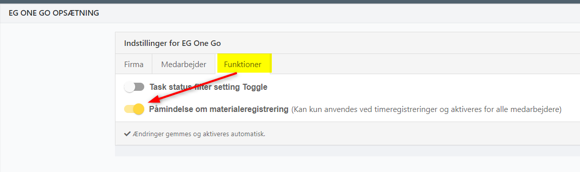 Aktiver påmindelse om materialeregistrering i Eg One Go