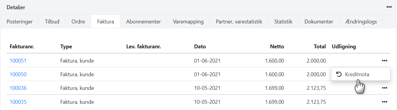 Opret en kreditnota via partneren i Xena