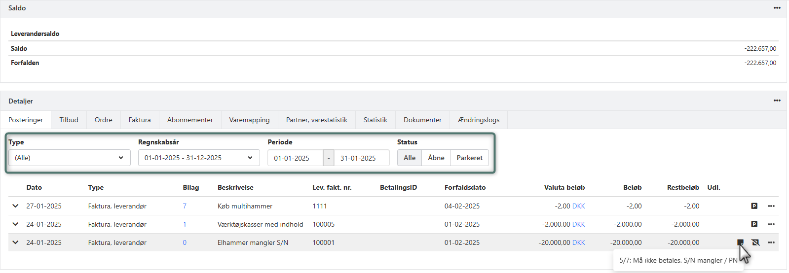 Overblik over en partners posteringer i Xena