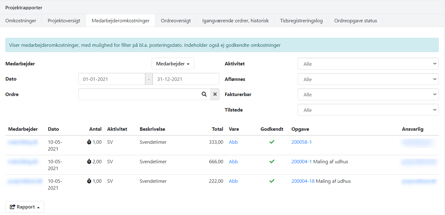 Projektrapport Medarbejderomkostninger i Xena