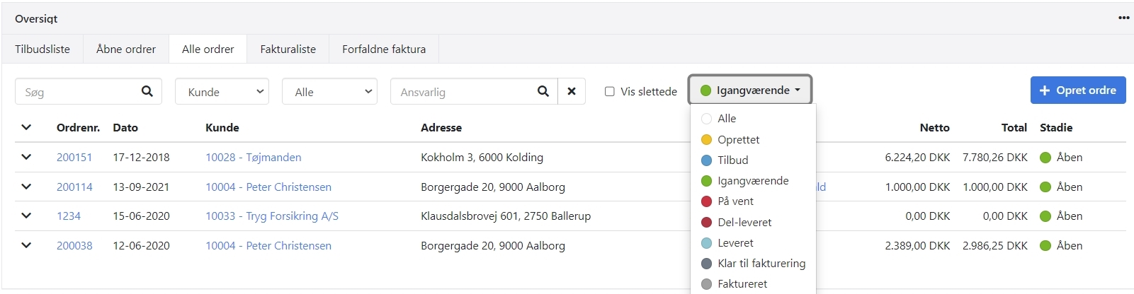 Filter på Ordrestatus i ordreoversigter i Xena