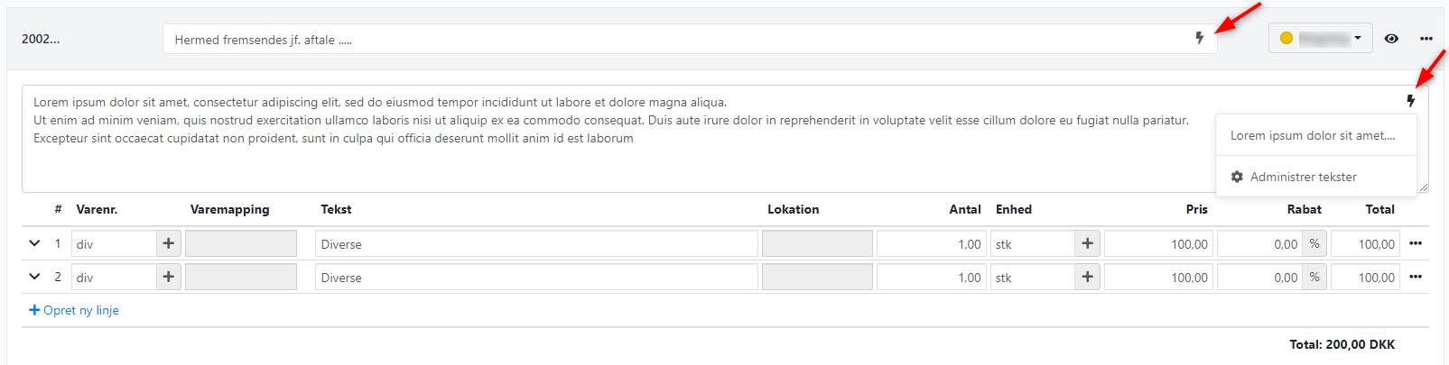 Skærmbillede af en ordreopgave i Xena. To pile viser hvor den nye funktion med lyn-tekster findes.