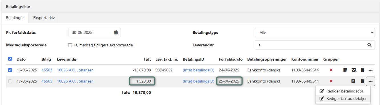 Håndter kreditnotaer i betalingslisten i Xena