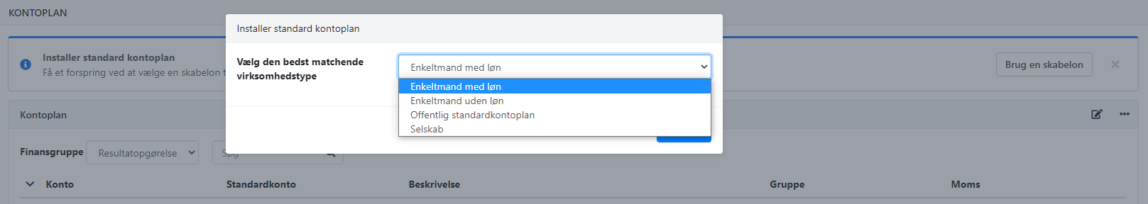 Installer en standard kontoplan i dit Xena regnskab