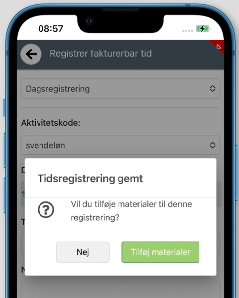 Påmindelse om materialeregistrering, eksempel