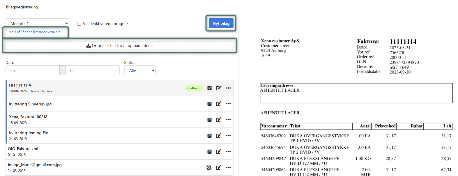 Indbakken i Xena med muligheder for at uploade nye bilag