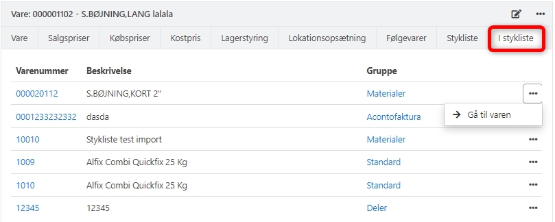 Oversigt over hvilke varer en stykliste er tilføjet til i Xena