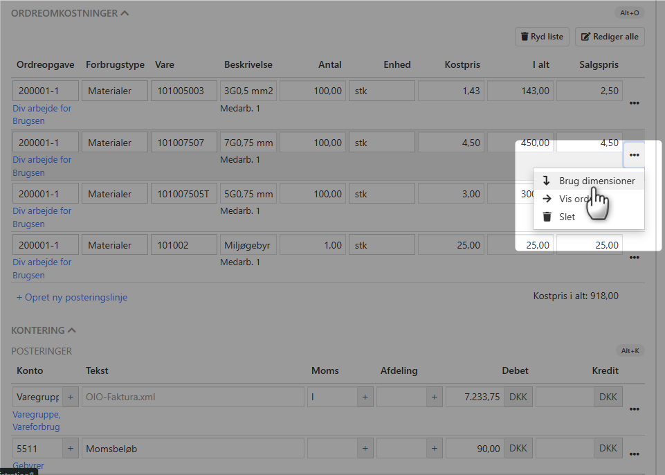 Kopier dimension fra ordre til finanskontering i Xena