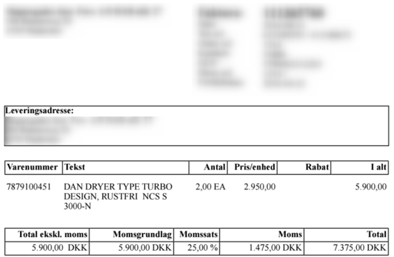 Eksempel på den samme elektroniske faktura. Nu står teksten 'Dan Dryer type turbo design, rustfri' kun en gang.